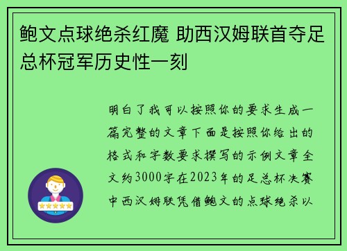 鲍文点球绝杀红魔 助西汉姆联首夺足总杯冠军历史性一刻 鲍文点球绝杀红魔 助西汉姆联首夺足总杯冠军历史性一刻